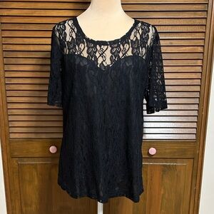 BFA Classics Black Lace Semi Sheer Women's Short Sleeve Loose Top Blouse Size L